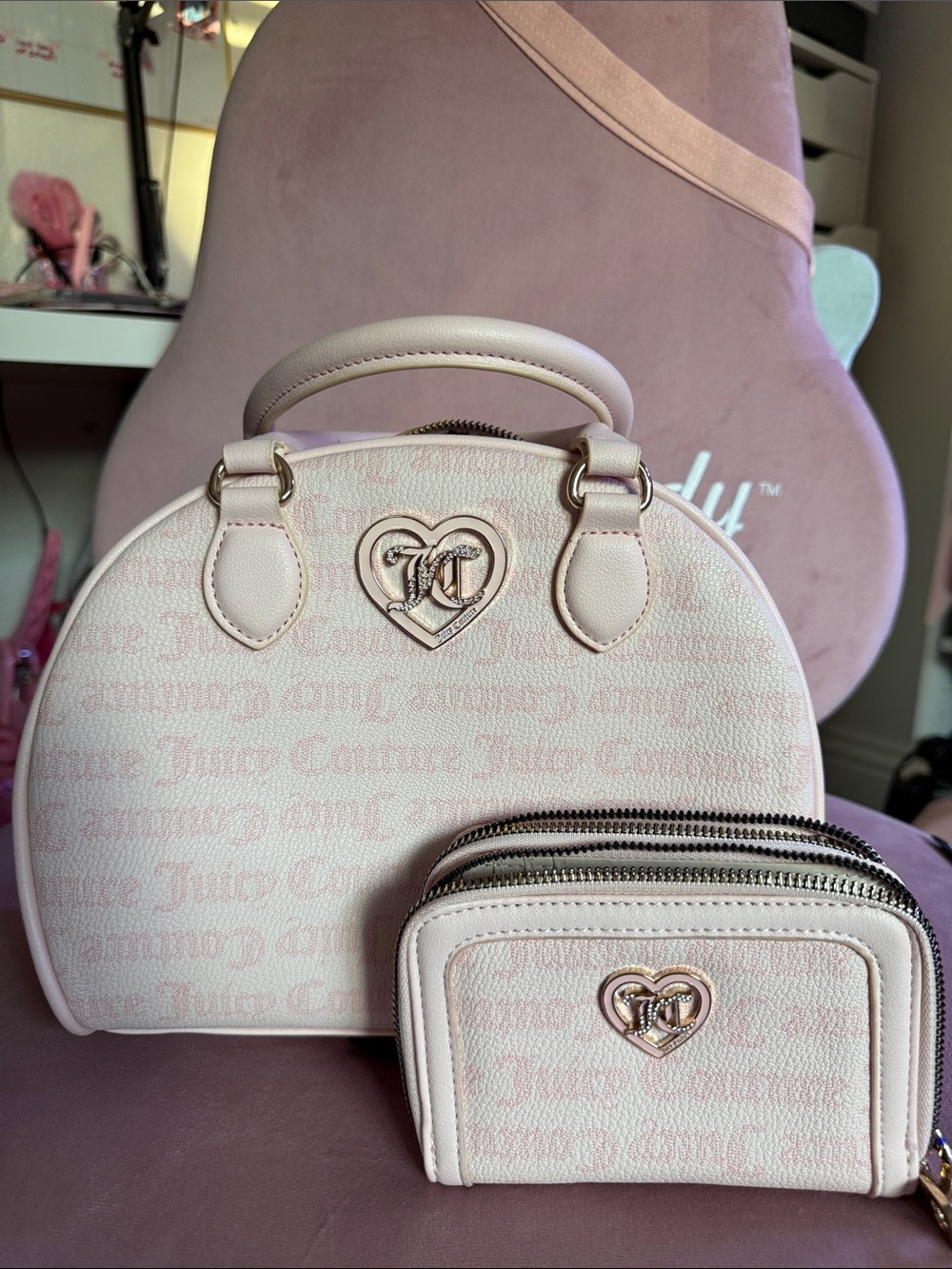 Juicy Couture Light Pink Heart Logo Dome Satchel with Matching Zip Wallet